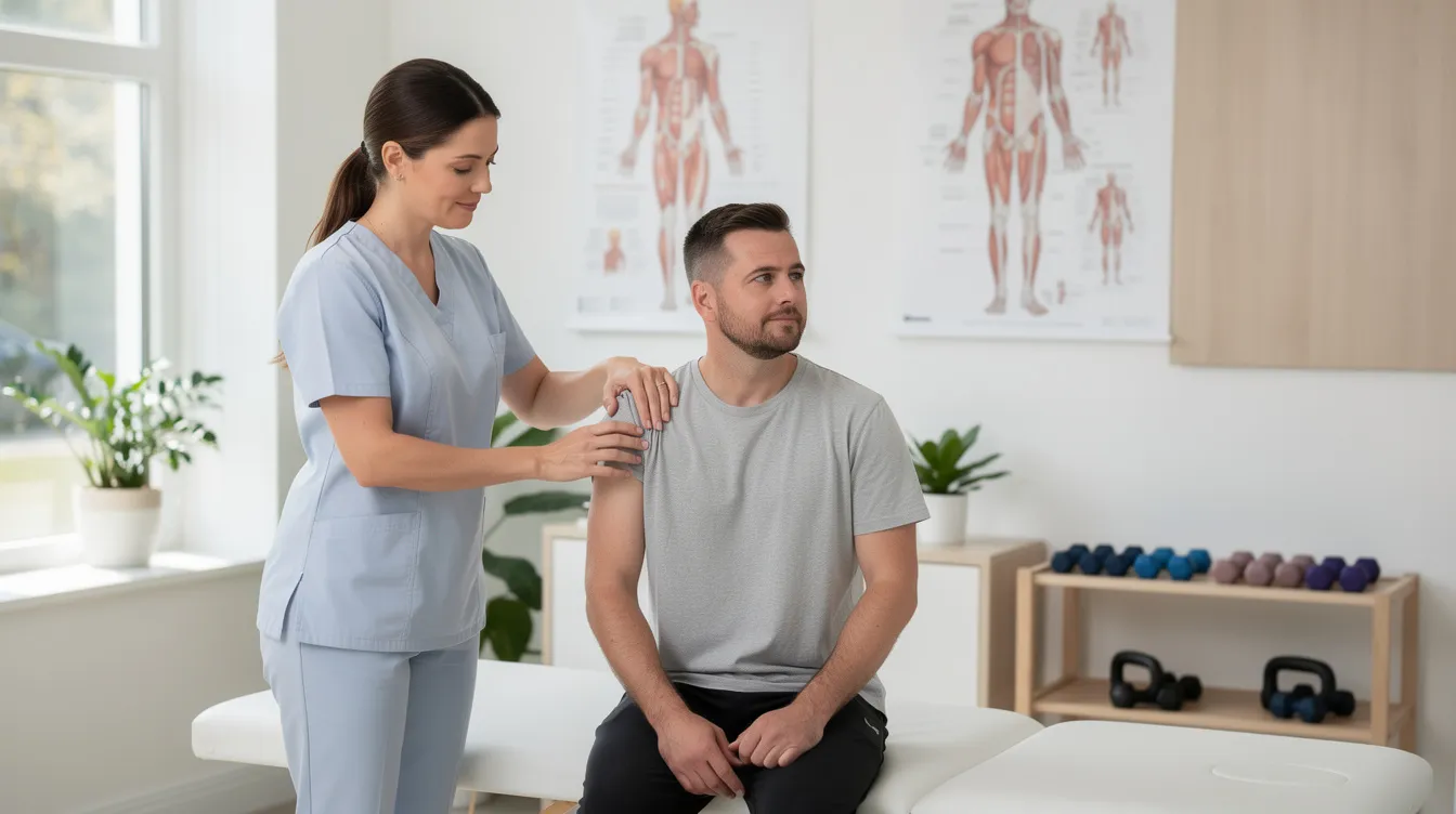 Eine Physiotherapeutin behandelt einen Patienten an der Schulter in einer hellen, modern eingerichteten Praxis. Der Fokus liegt auf der Therapie zur Verbesserung der Beweglichkeit und Schmerzlinderung, während im Hintergrund verschiedene physiotherapeutische Geräte zu sehen sind.