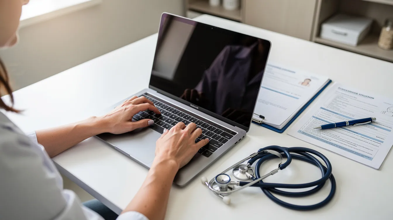 Die Hände einer Physiotherapeutin tippen auf einem Laptop in einer Praxis, während neben ihr Unterlagen und ein Stethoskop liegen. Diese Szene spiegelt den Praxisalltag und die berufliche Tätigkeit in der Physiotherapie wider.
